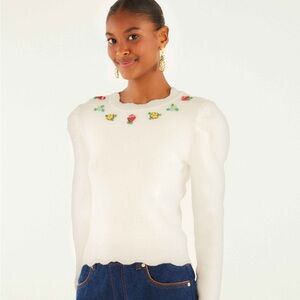 Farm Rio Off-White Flower Embroidery Knit Top Size Large Long Sleeve